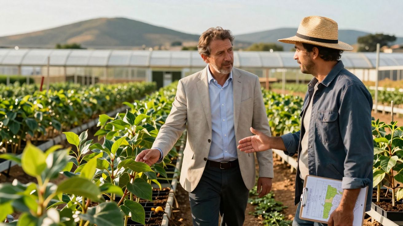 Dois homens conversam em estufa com plantas, um segura prancheta e o outro usa terno claro.