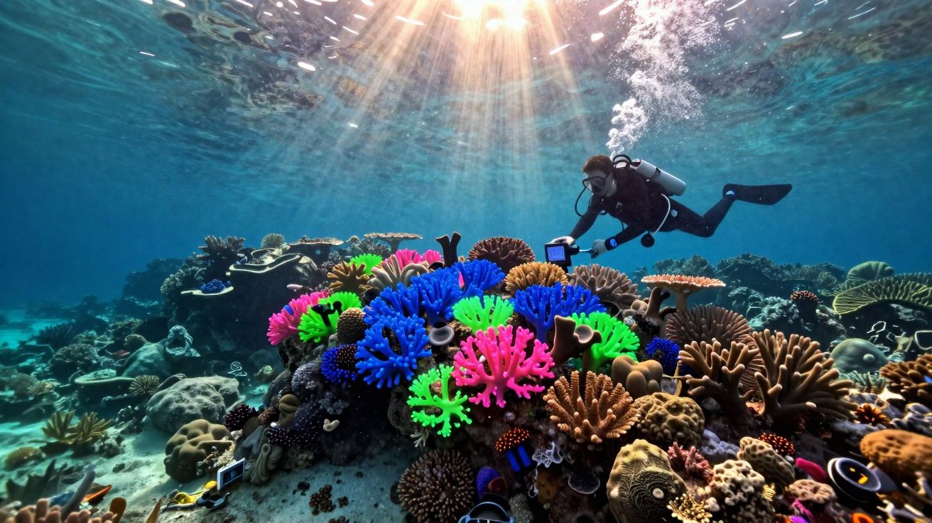 Mergulhador explorando um recife de corais multicoloridos sob luz solar penetrando o oceano azul.