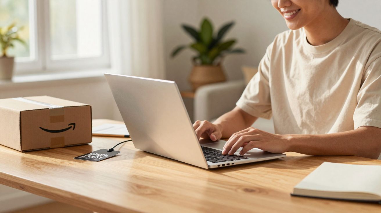 Pessoa sorrindo usando laptop em mesa de madeira com caixa de entrega e caderno ao lado, em ambiente interno.