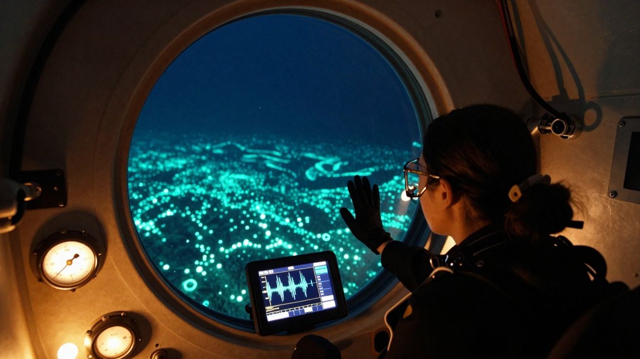 Pessoa observa através da janela de um submarino aparelhos medidor e luzes azuis no mar profundo.