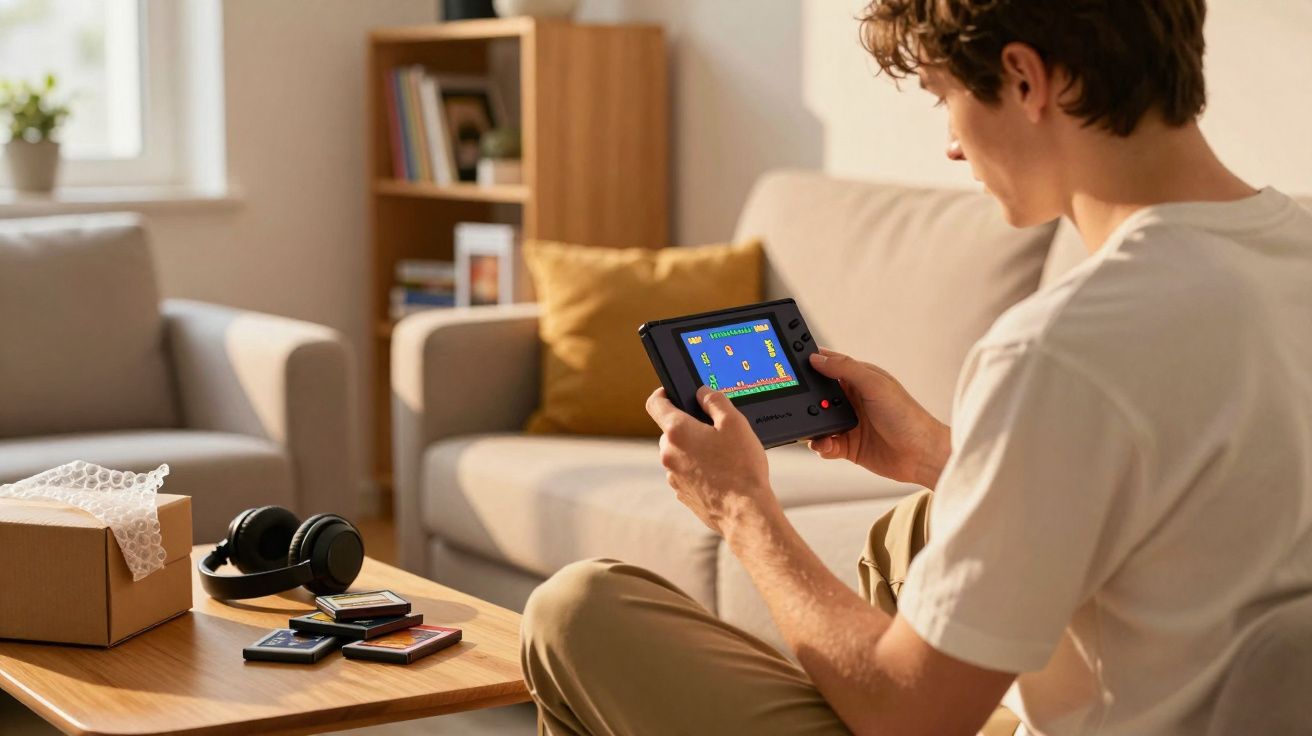 Jovem sentado em sofá jogando um videogame portátil enquanto luz natural ilumina a sala moderna.