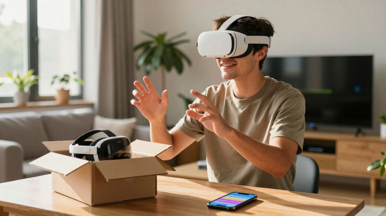 Homem usando óculos de realidade virtual sentado à mesa com caixa e smartphone em casa.