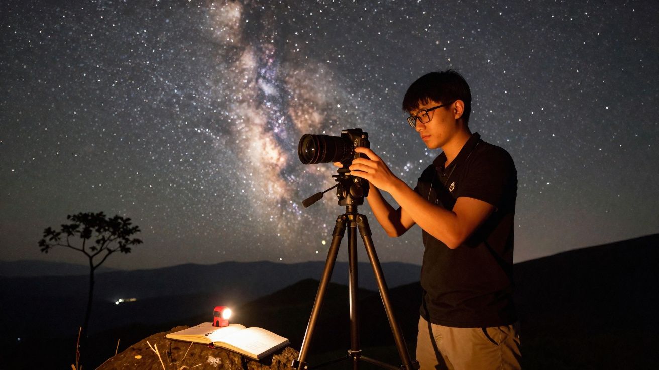 Jovem ajusta câmera em tripé para fotografar o céu estrelado e a Via Láctea durante a noite.