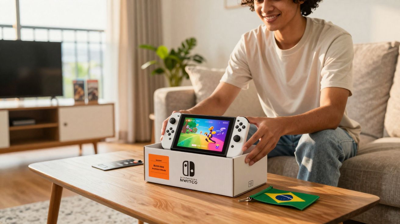 Jovem sentado no sofá montando um console Nintendo Switch em caixa sobre mesa de madeira.