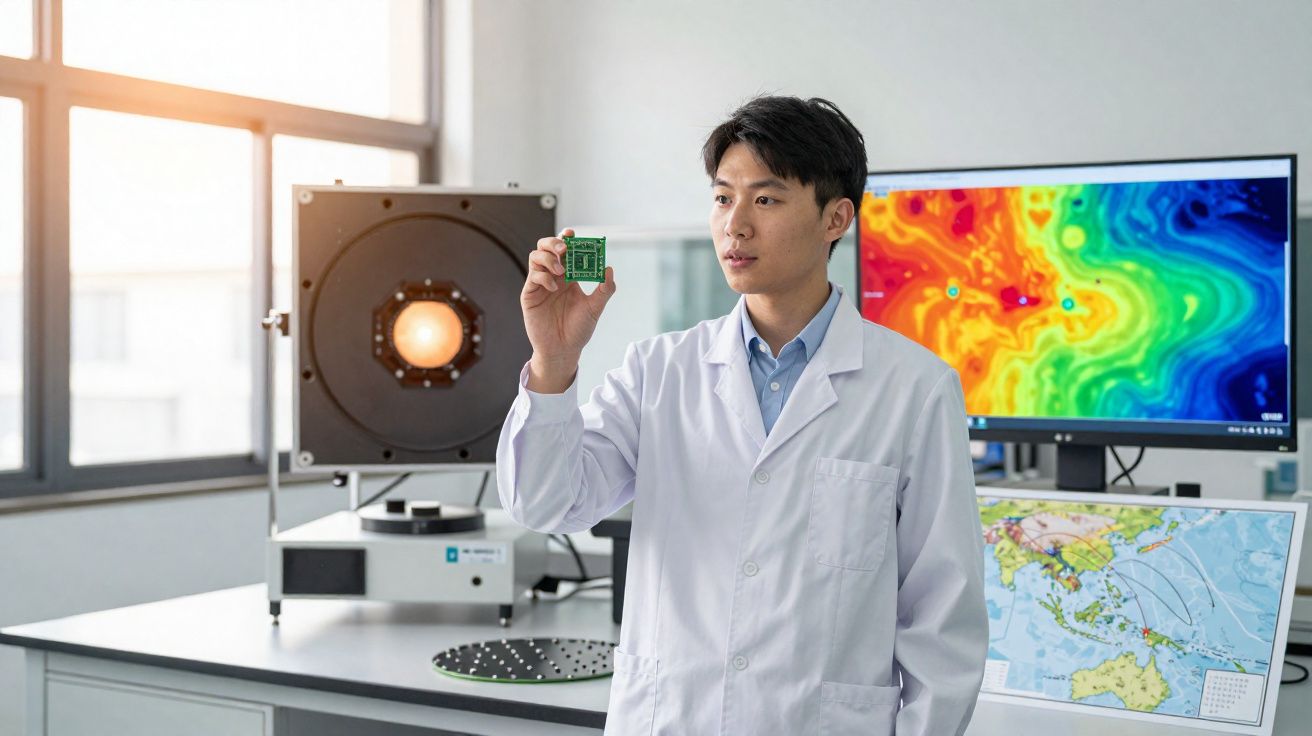 Homem de jaleco branco segura placa eletrônica em laboratório com mapas coloridos e equipamentos técnicos.