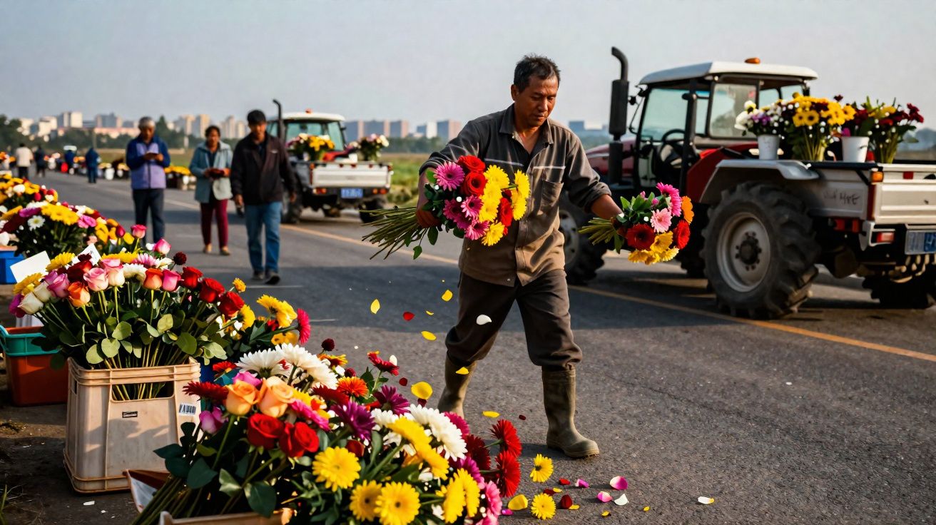 Homem carregando buquês de flores coloridas em estrada com tratores e pessoas ao fundo.