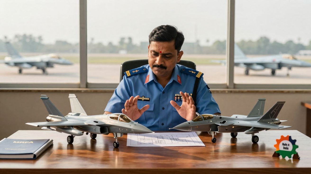 Homem em uniforme militar observa maquetes de jatos de combate sobre mesa com planta baixa.
