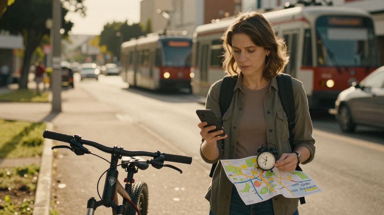 Mulher com bicicleta segura mapa, relógio e celular, parada na calçada próxima a ônibus em rua.