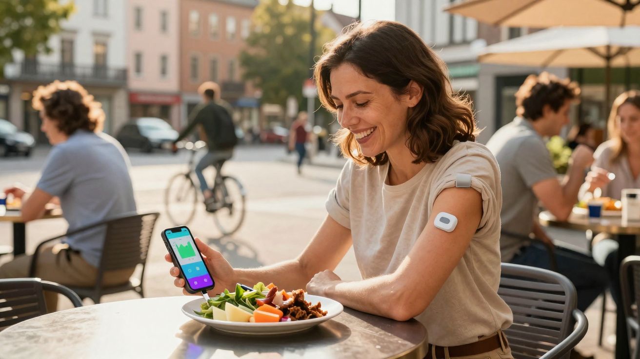 Mulher sentada em café ao ar livre, segurando smartphone com app de saúde e usando monitor no braço.
