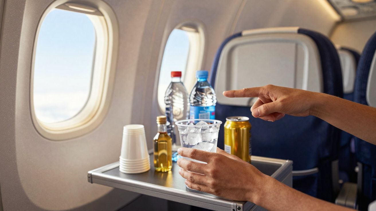 Mãos segurando copo com gelo e apontando para bebidas servidas em bandeja na poltrona de avião.