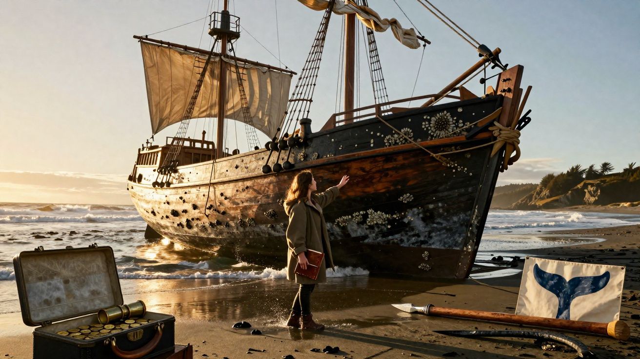Criança com livro acena para navio antigo ancorado na praia ao pôr do sol, com baú e remos na areia.