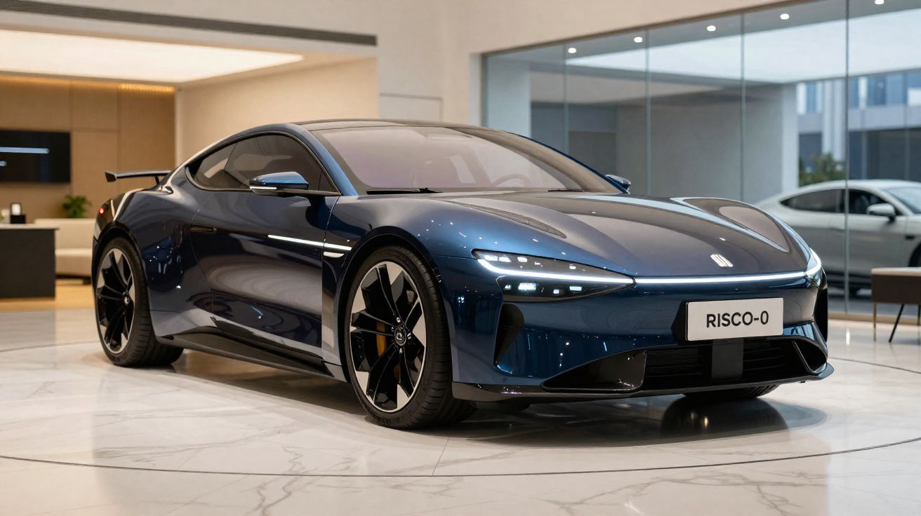 Carro esportivo azul escuro elétrico exposto em showroom moderno com piso de mármore branco.