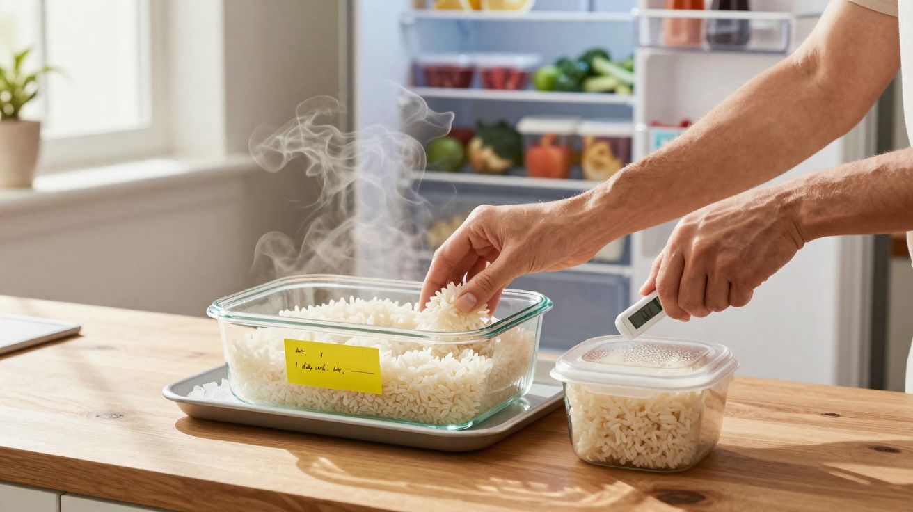 Mãos medindo temperatura do arroz quente em recipiente de vidro na cozinha com geladeira ao fundo.