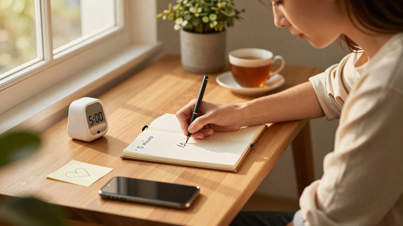Pessoa escrevendo em caderno em mesa com smartphone, relógio digital, xícara de chá e planta perto da janela.