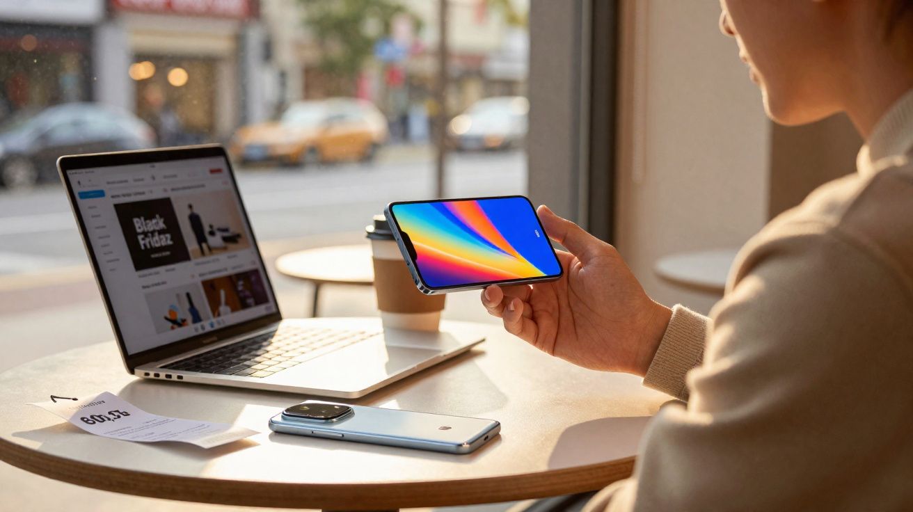 Pessoa segurando smartphone em mesa com notebook, outro celular, café e nota fiscal em cafeteria.