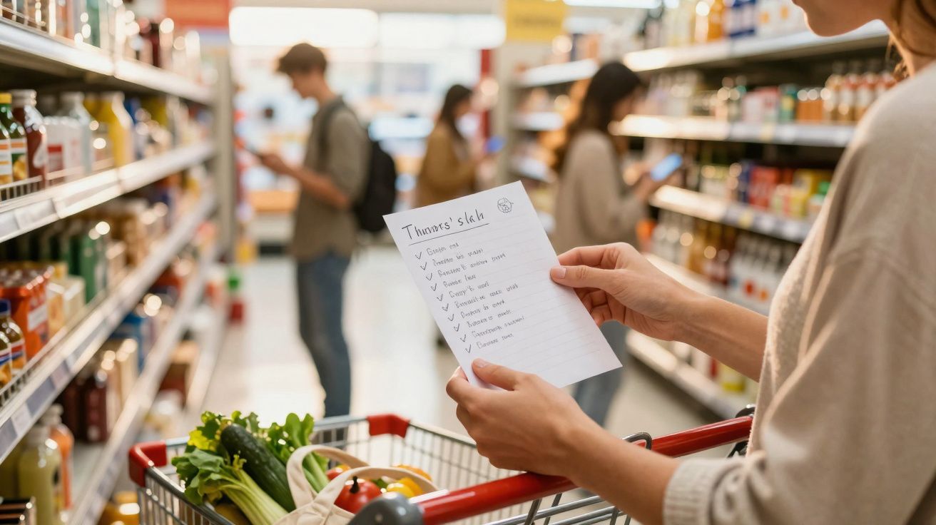Pessoa segurando lista de compras no supermercado, carrinho cheio de verduras e frutas.