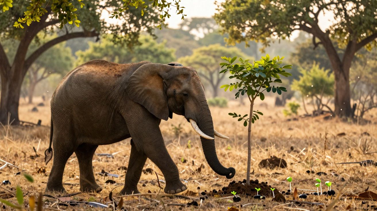 Elefante jovem caminhando próximo a árvore pequena em savana seca ao entardecer.