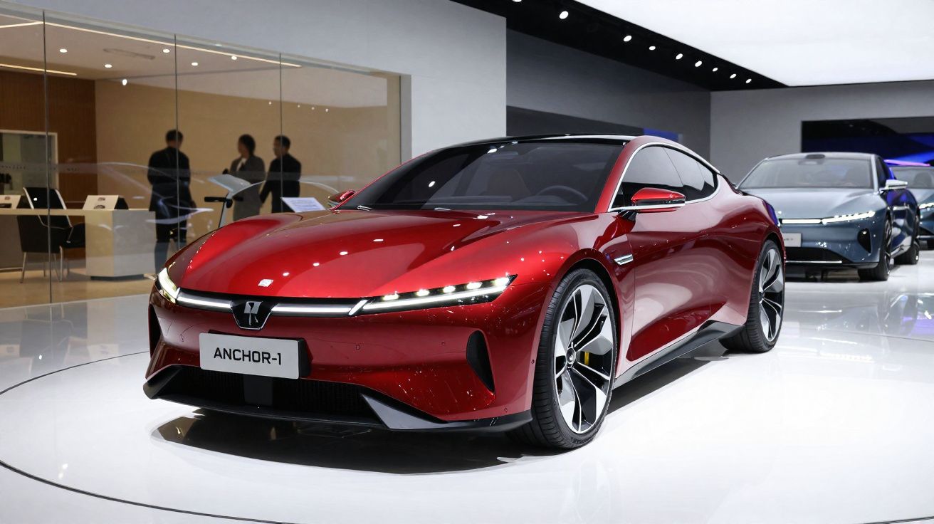 Carro esportivo elétrico vermelho modelo Anchor-1 em exposição, com design moderno e aerodinâmico.