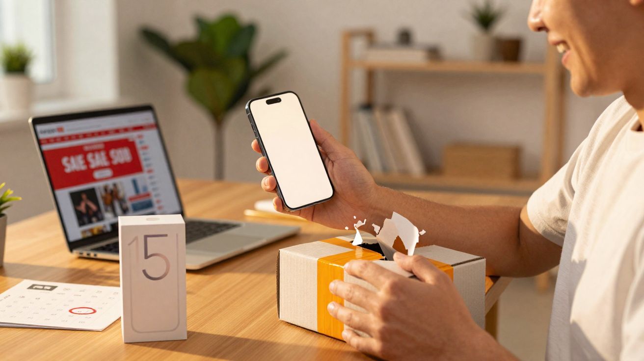 Pessoa desembrulhando pacote com celular novo na mão, laptop e calendário em mesa de madeira.