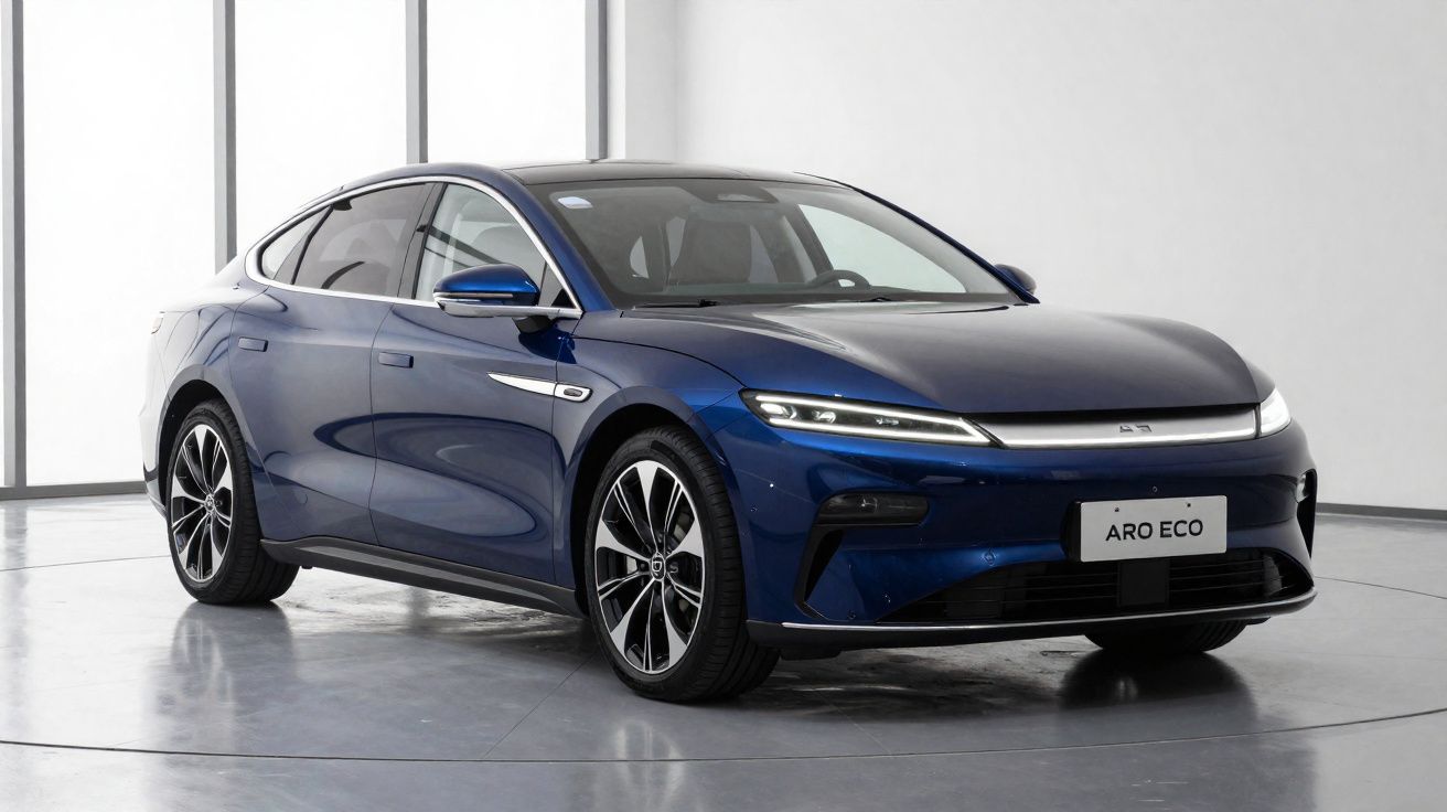 Carro elétrico azul Aro Eco estacionado em ambiente interno com luz natural.