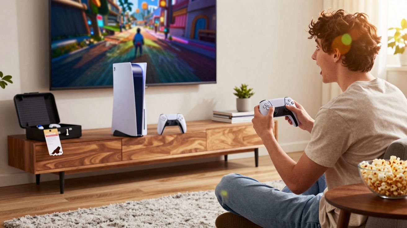 Jovem sentado no chão jogando videogame com controle, TV e console em rack de madeira à frente.