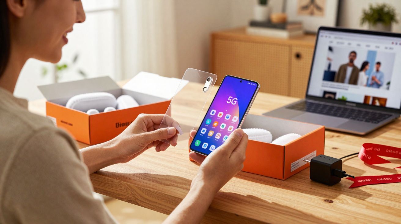 Pessoa segurando película protetora e smartphone 5G sobre mesa com caixa do aparelho e notebook ao fundo.