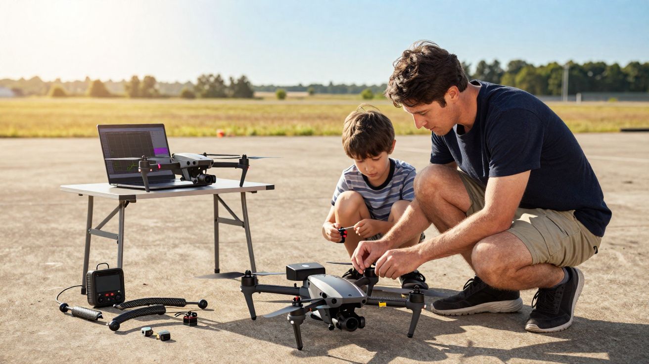 Pai e filho ajustando drone em pista ao ar livre com notebook e equipamentos numa mesa próxima.
