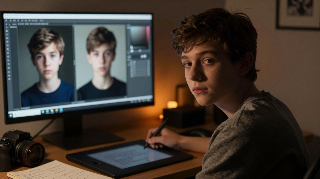 Jovem editando fotos em computador com tablet digitalizador em mesa iluminada por luz quente.