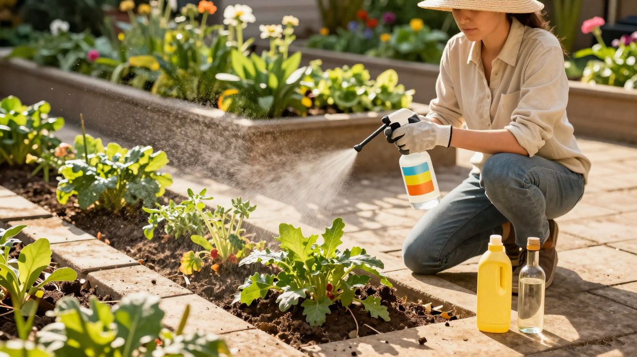 Pessoa agachada regando plantas em um jardim com regador de pulverização manual.