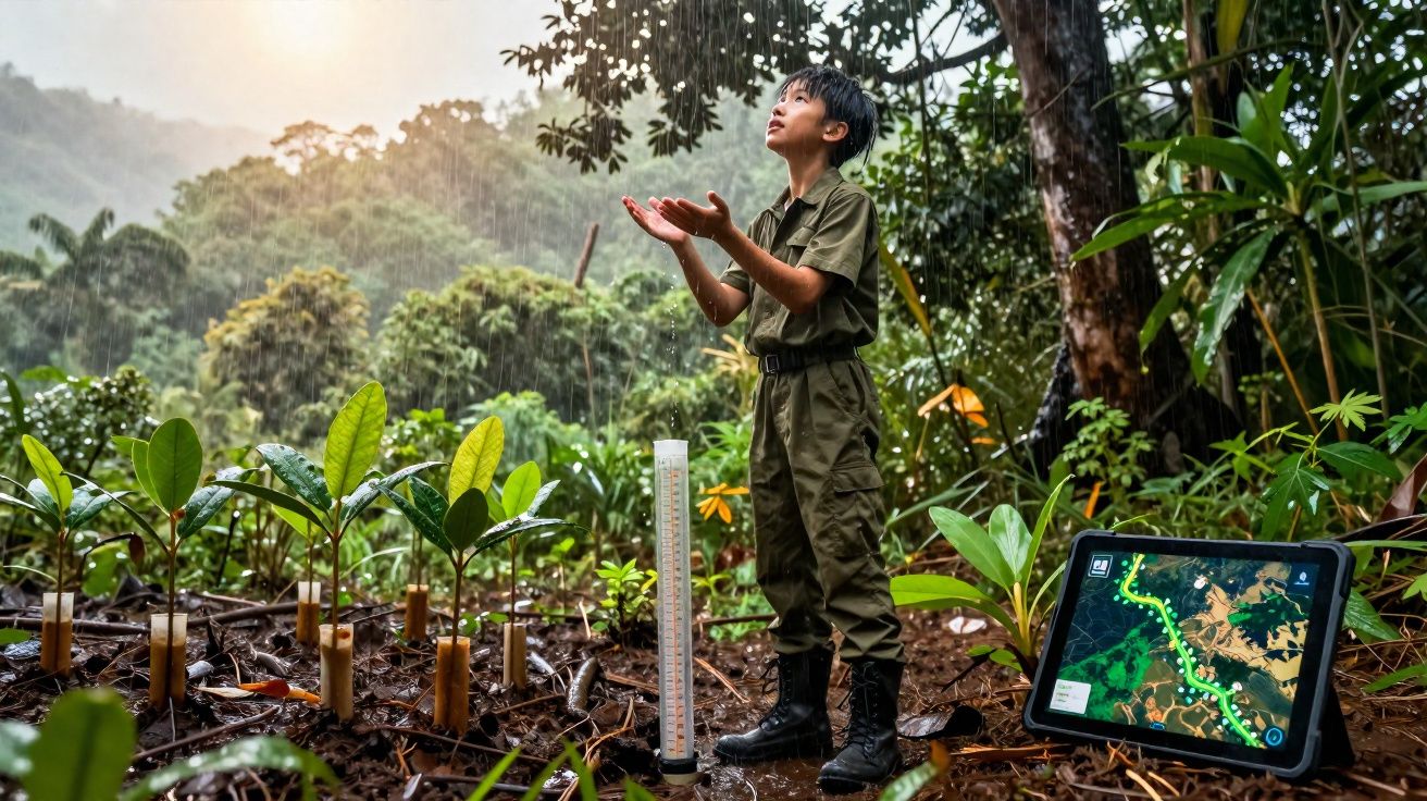 Menino está de uniforme verde em floresta chuvosa, cercado por mudas e tablet com mapa digital.