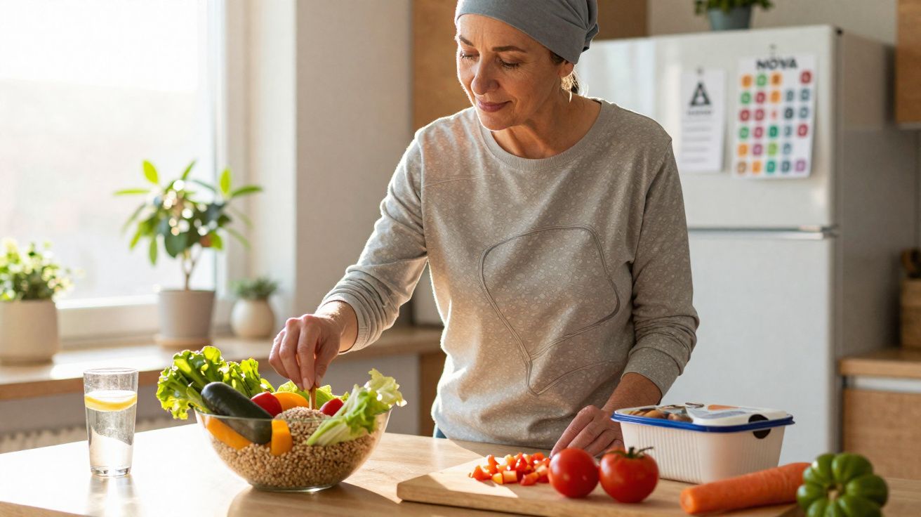 Mulher preparando salada com legumes frescos em cozinha iluminada por luz natural.