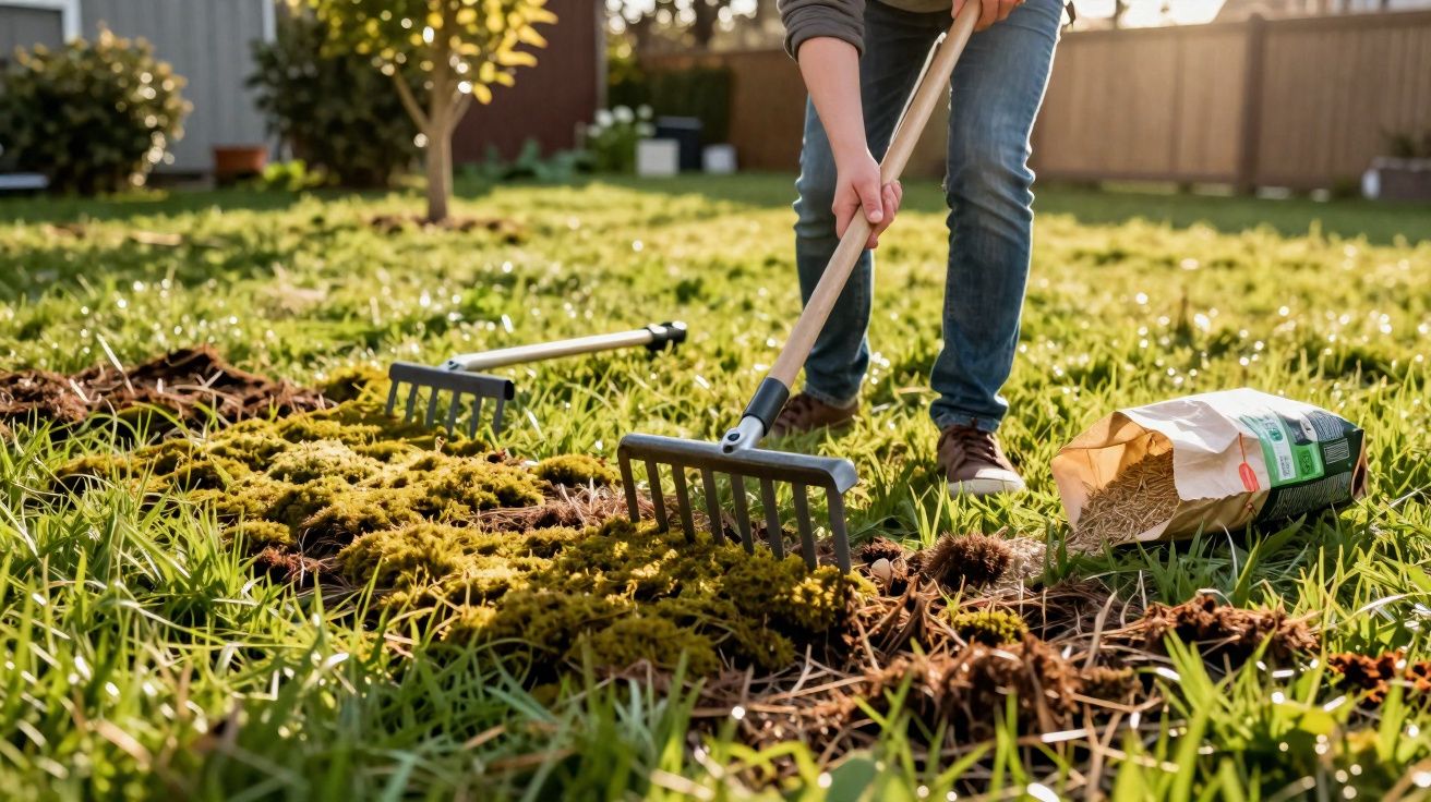 Pessoa usando ancinho para preparar o solo do jardim, com saco de adubo ao lado, em área verde ensolarada.