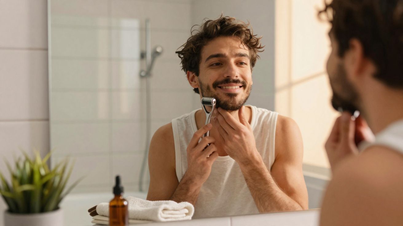Homem sorrindo se barbeando com aparelho manual em frente ao espelho do banheiro.