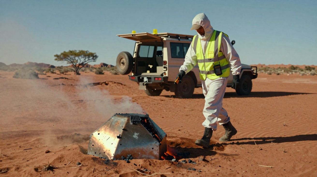 Pessoa com roupa protetora inspeciona equipamento metálico fumegante no deserto com veículo ao fundo.