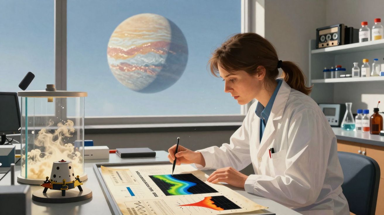 Cientista trabalhando em gráficos de dados planetários com modelo espacial e imagem de planeta ao fundo.