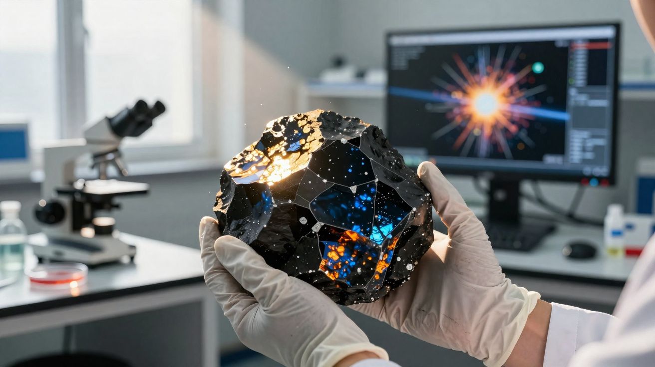 Pessoa com luvas segurando um modelo brilhante de meteoro em laboratório com microscópio e computador ao fundo.