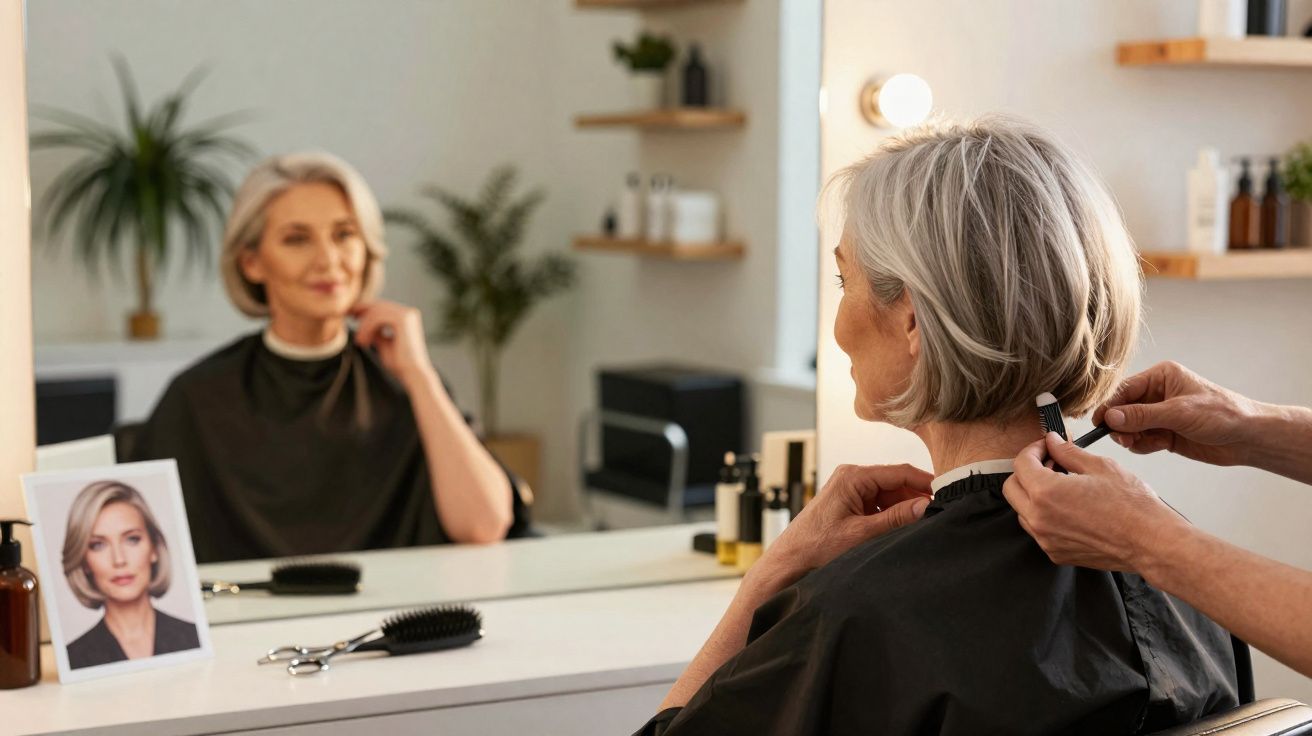 Mulher idosa com cabelo grisalho sendo preparada para corte de cabelo em salão de beleza.