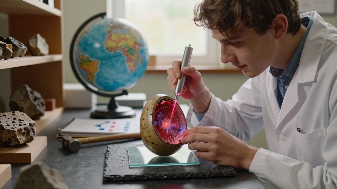 Jovem cientista com jaleco analisa laser em amostra de meteorito em laboratório com globo terrestre.