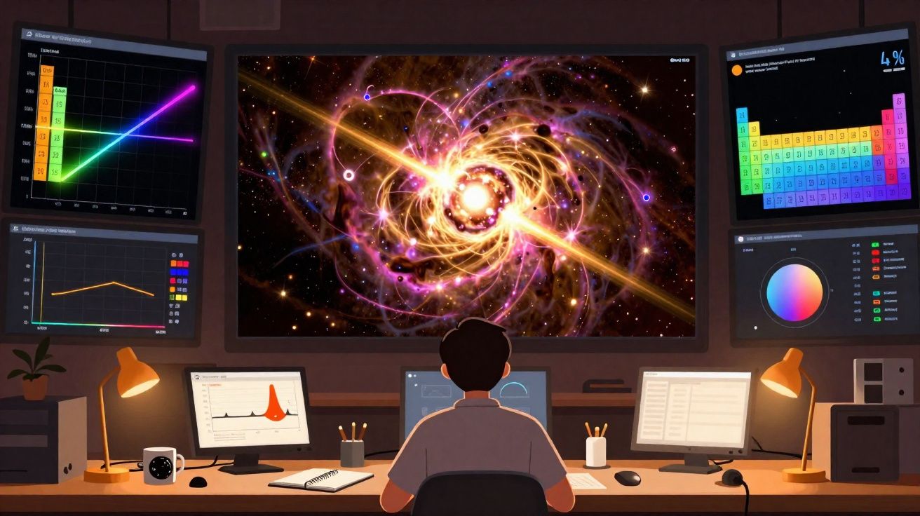 Pessoa observando gráficos e imagens cósmicas em múltiplos monitores em ambiente de trabalho tecnológico.