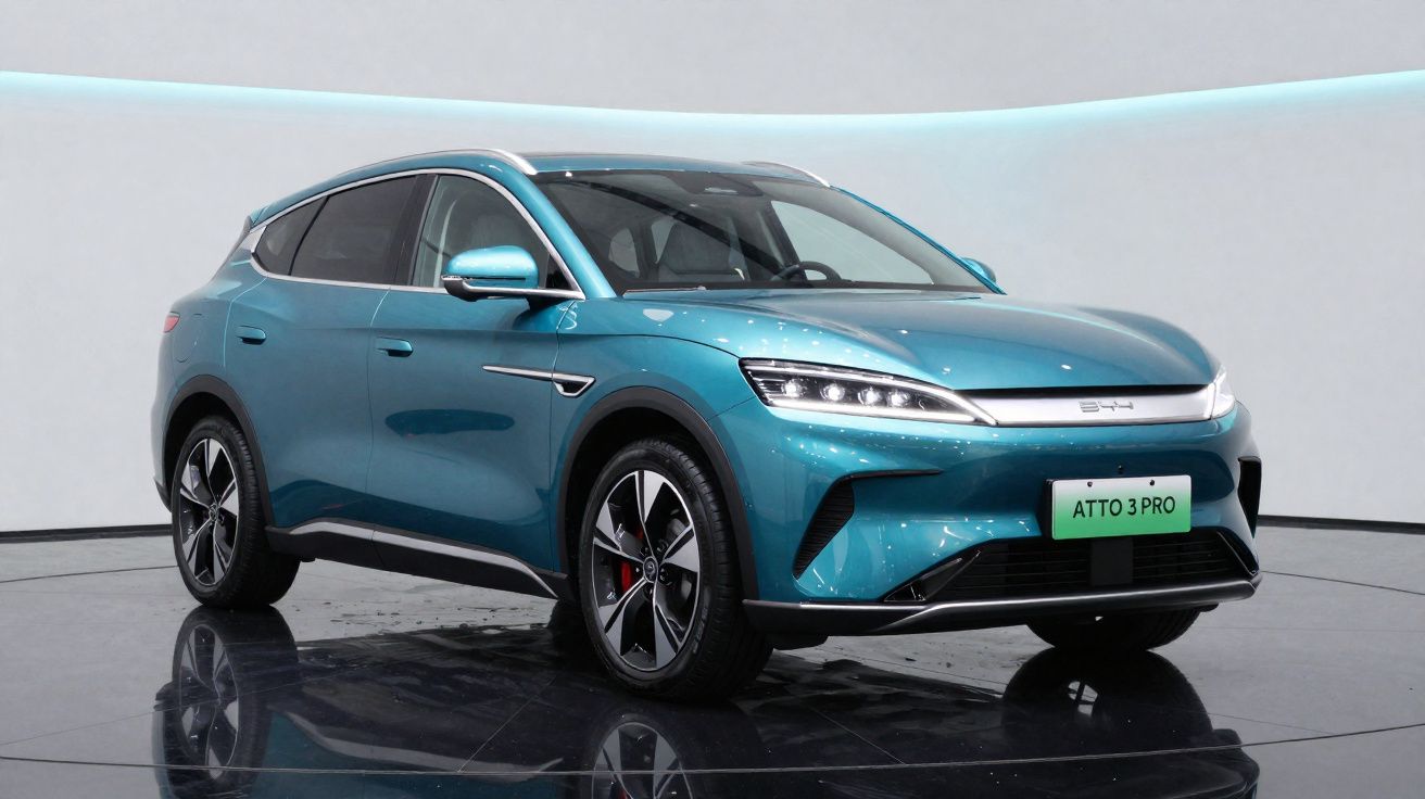 Carro elétrico SUV BYD Atto 3 Pro azul exibido em estúdio com luzes modernas ao redor.
