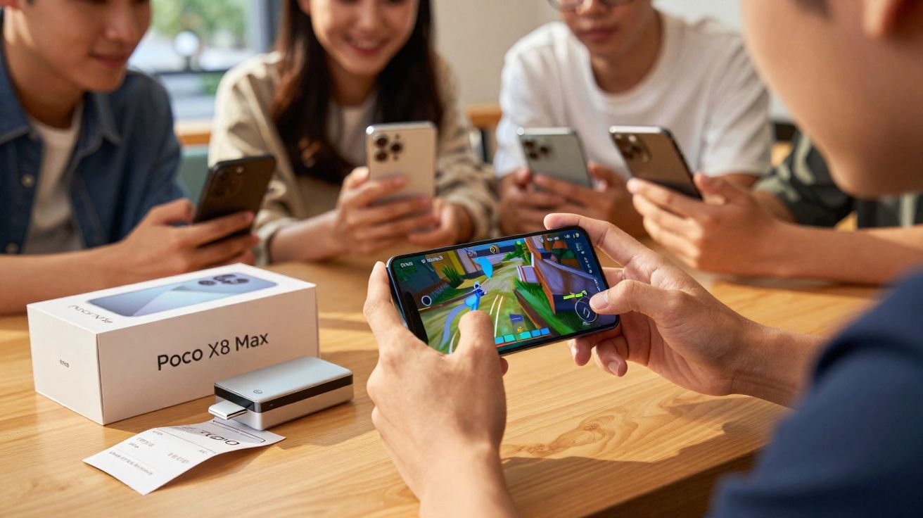 Grupo de jovens jogando e usando celulares próximos a caixa do Poco X8 Max sobre mesa de madeira.