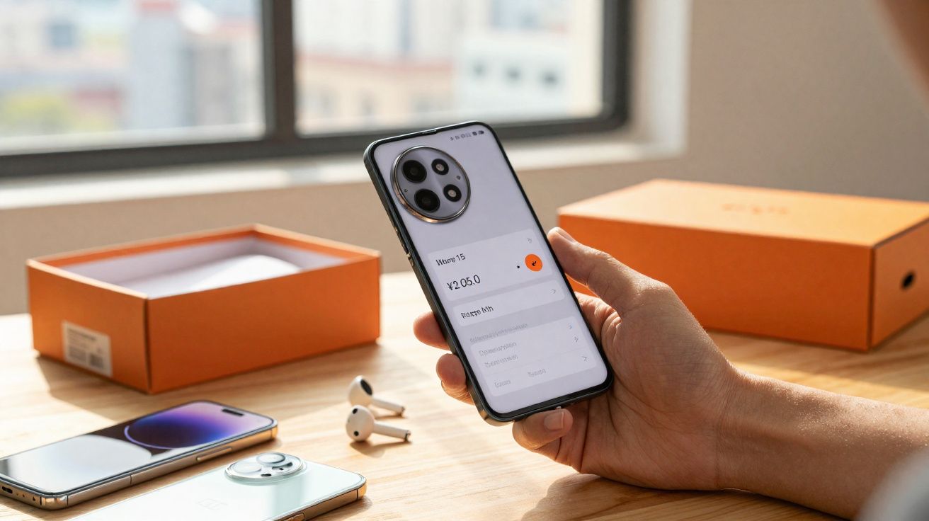 Pessoa segurando smartphone branco com aplicativo aberto, dois fones e caixas laranja ao fundo sobre mesa de madeira.