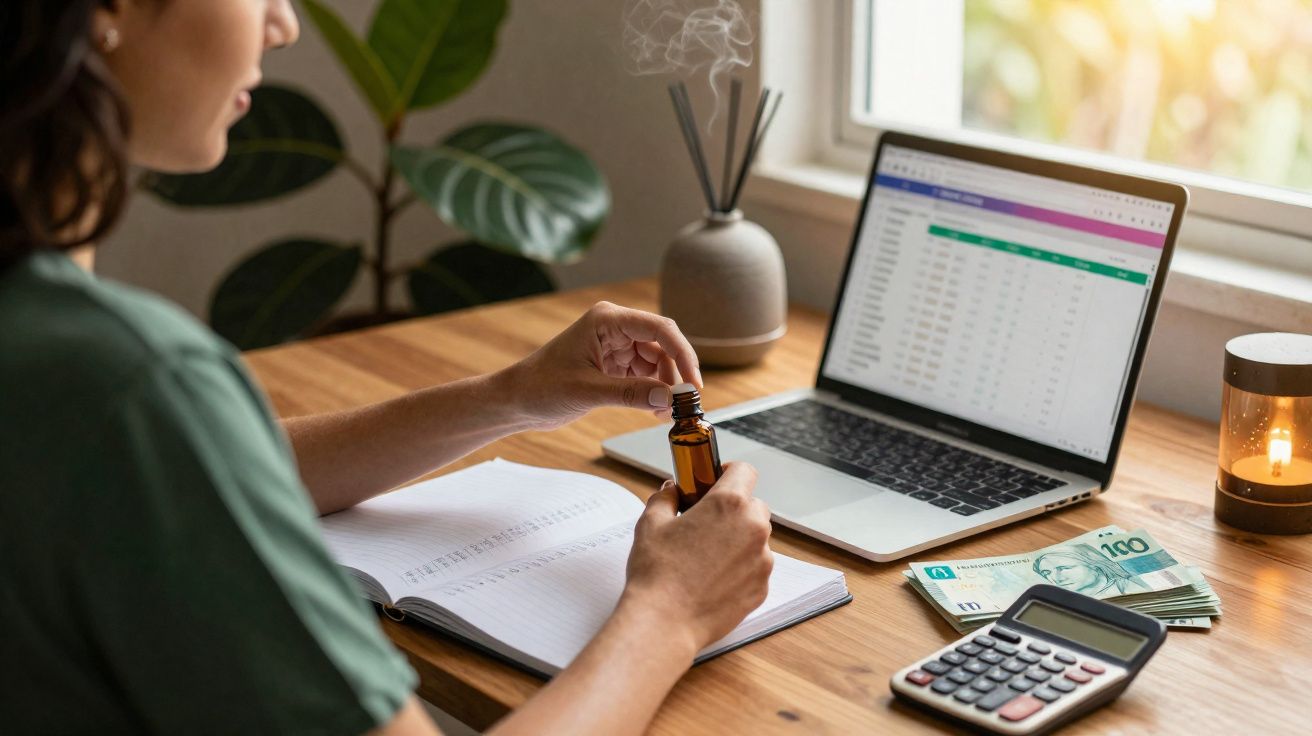 Pessoa trabalhando em planilha no notebook com caderno, calculadora, dinheiro e difusor aromático na mesa.