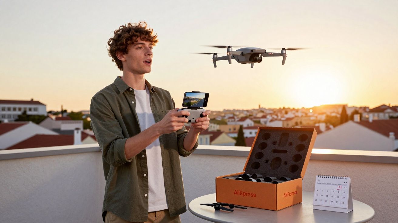 Homem controla drone com controle remoto em varanda ao pôr do sol, caixa aberta e calendário à mesa.