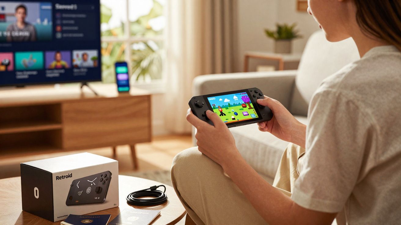 Pessoa sentada jogando em console portátil Retroid em sala com TV ao fundo ligada