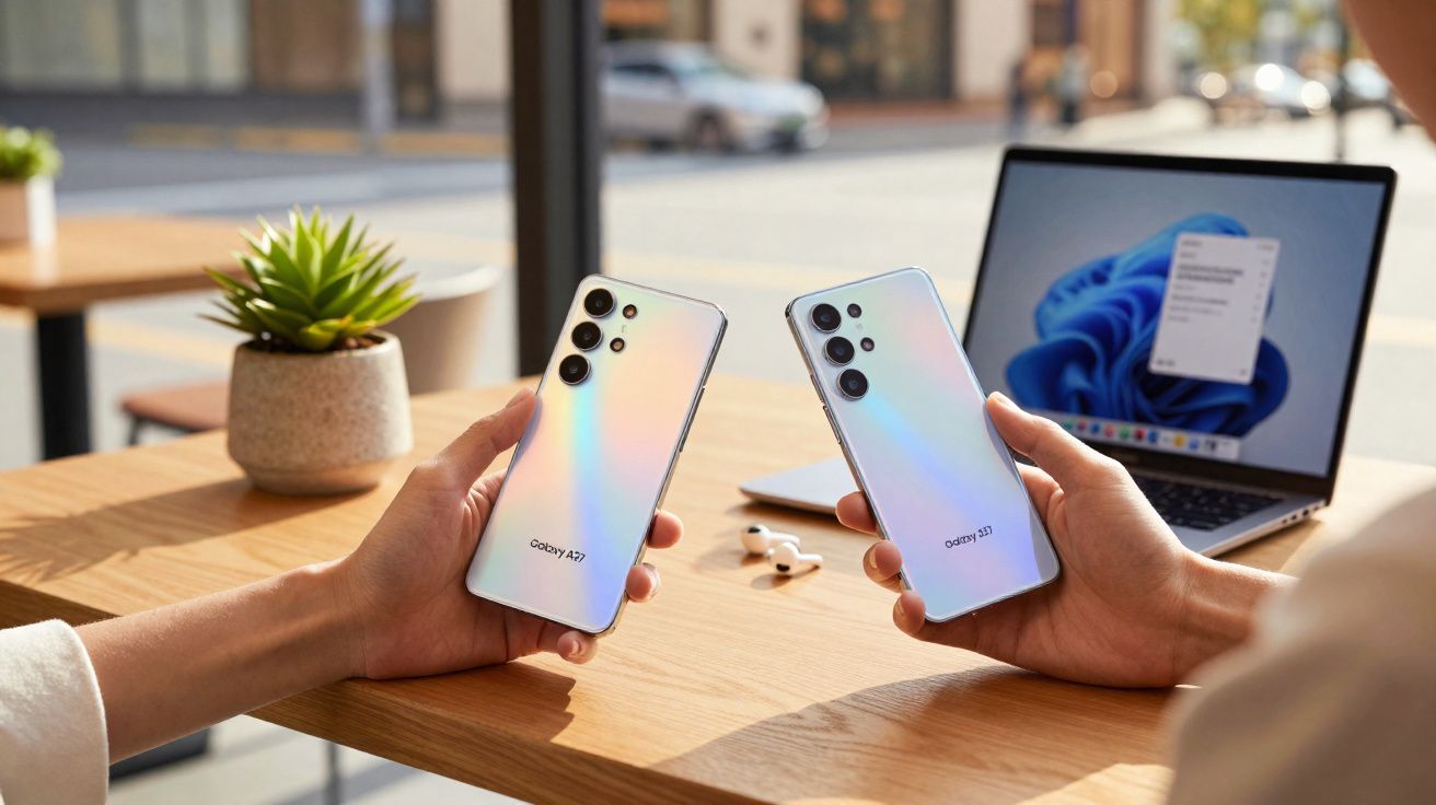 Duas mãos segurando celulares Galaxy A72 e Galaxy A32 com laptop aberto em mesa de madeira.