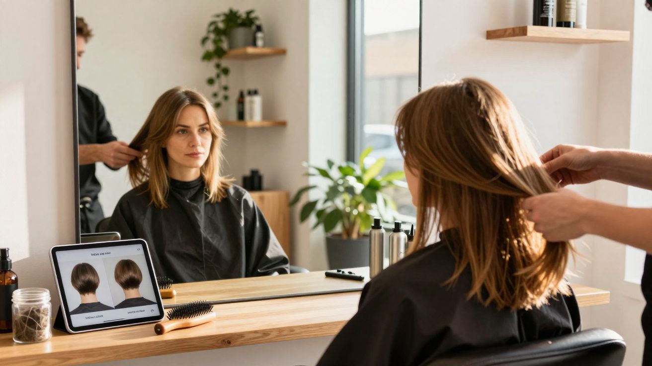 Mulher com capa preta tendo cabelo penteado por cabeleireiro em salão moderno com espelho grande.