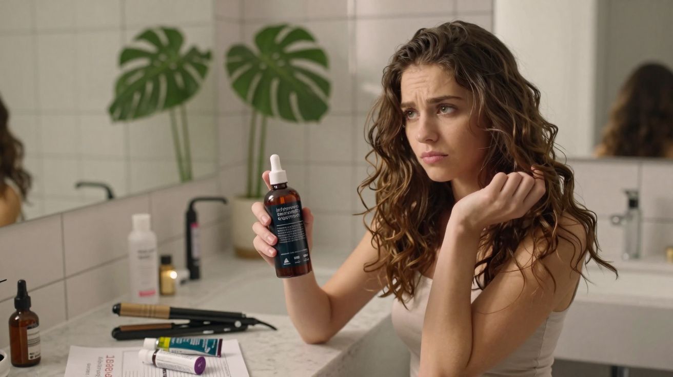Mulher preocupada segurando frasco de suplemento no banheiro com produtos e espelho ao fundo.