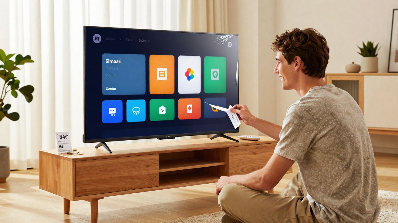 Pessoa sentada no chão usando controle remoto para navegar em smart TV em sala de estar iluminada.