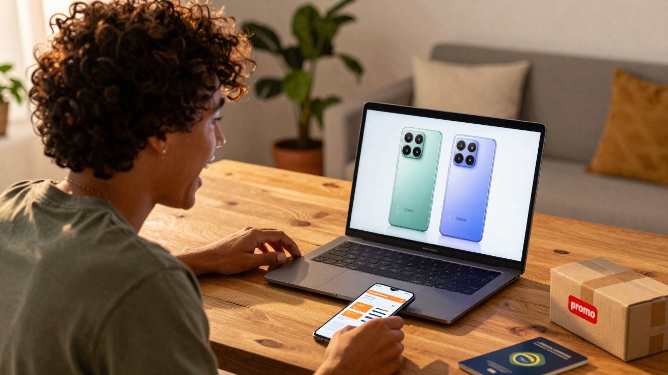 Pessoa com celular na mão olhando para notebook que exibe imagens de dois smartphones sobre mesa de madeira.